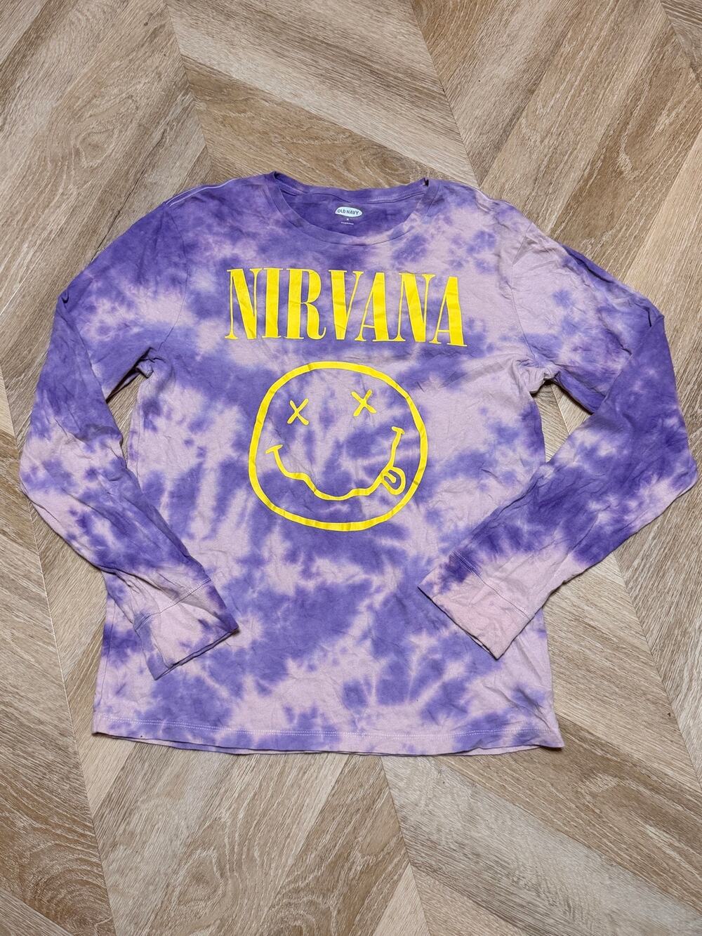 Old Navy Nirvana Purple Tie Dye Smiley Long Sleeve Tee Medium Grunge